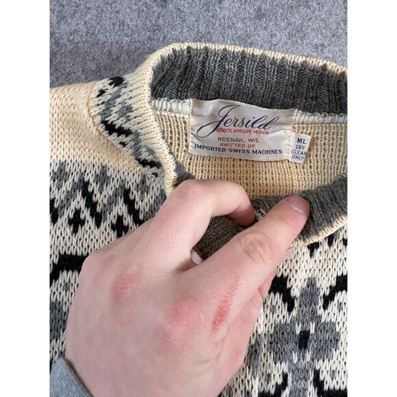 Vintage 60s Jersild Cardigan Sweater Womens Medium Gray Wool Knit Retro Aztec - Picture 4 of 10